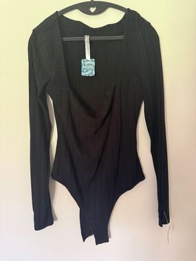 Free People Black Long Sleeve Ribbed Bodysuit